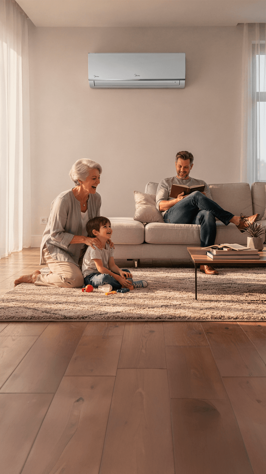 Familia disfrutando aire acondicionado en living